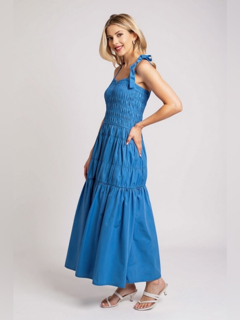 Blue Smocked Tiered Maxi Dress with Shoulder Tie - Picture 3 of 6